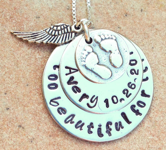 Personalized Baby Memorial Necklace, too beautiful for earth, baby memorial, memorial necklace, loss of baby, natashaaloha, sympathy gift - Natashaaloha, jewelry, bracelets, necklace, keychains, fishing lures, gifts for men, charms, personalized,