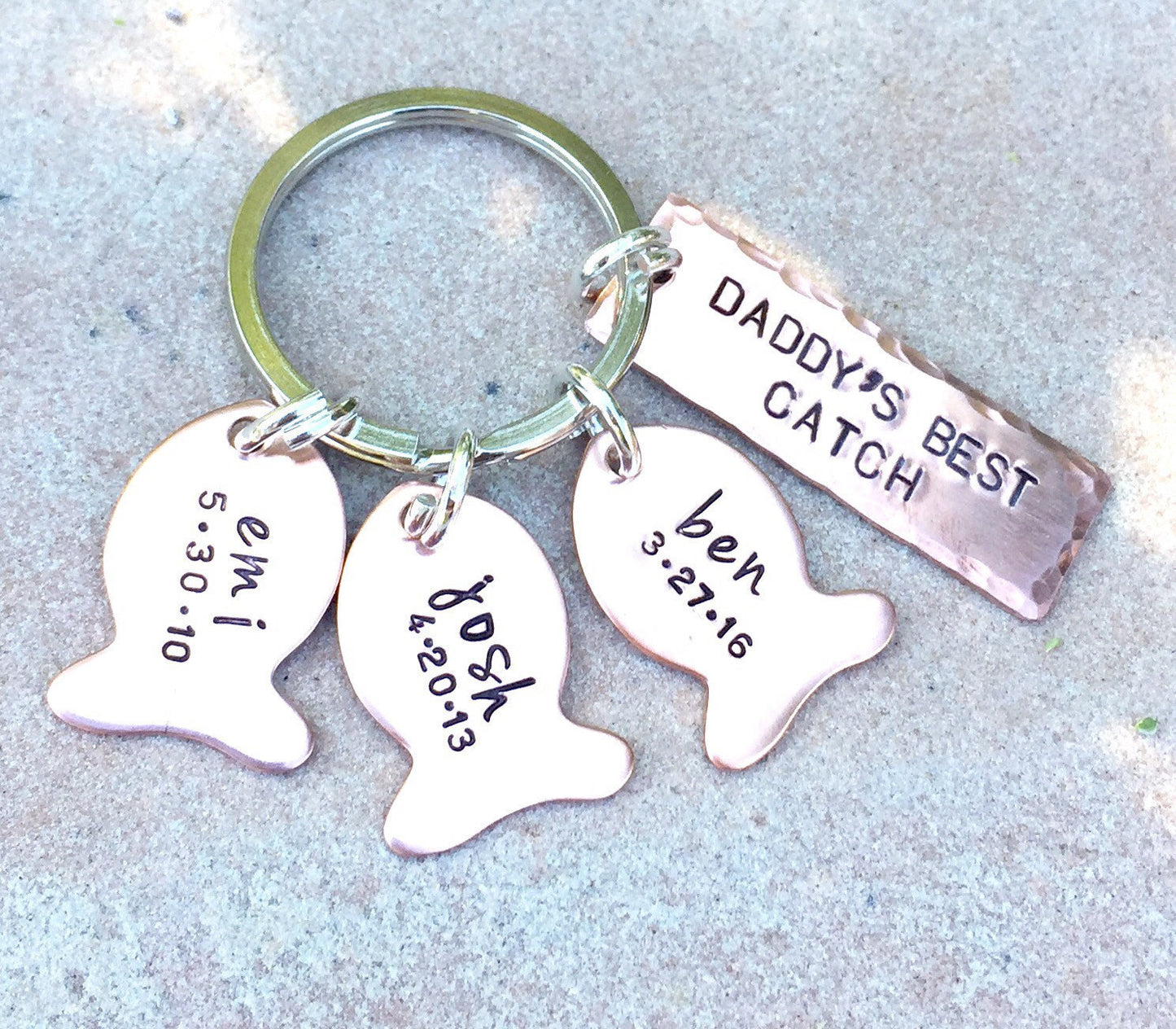 Hooked On Dad, Fishing Keychain, Our Best Catch Dad, Fish Keychain, Personalized Fishing Keychain, Hand Stamped, natashaaloha - Natashaaloha, jewelry, bracelets, necklace, keychains, fishing lures, gifts for men, charms, personalized,