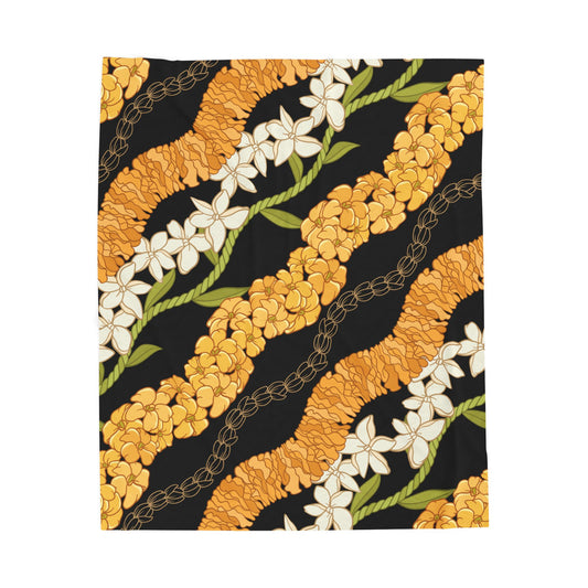 Hawaiian Puakenikeni Pikake Maile Ilima Flower Blanket - Velveteen Plush, Aloha Throw, Soft Flower Blanket, Aloha Collection Blanket