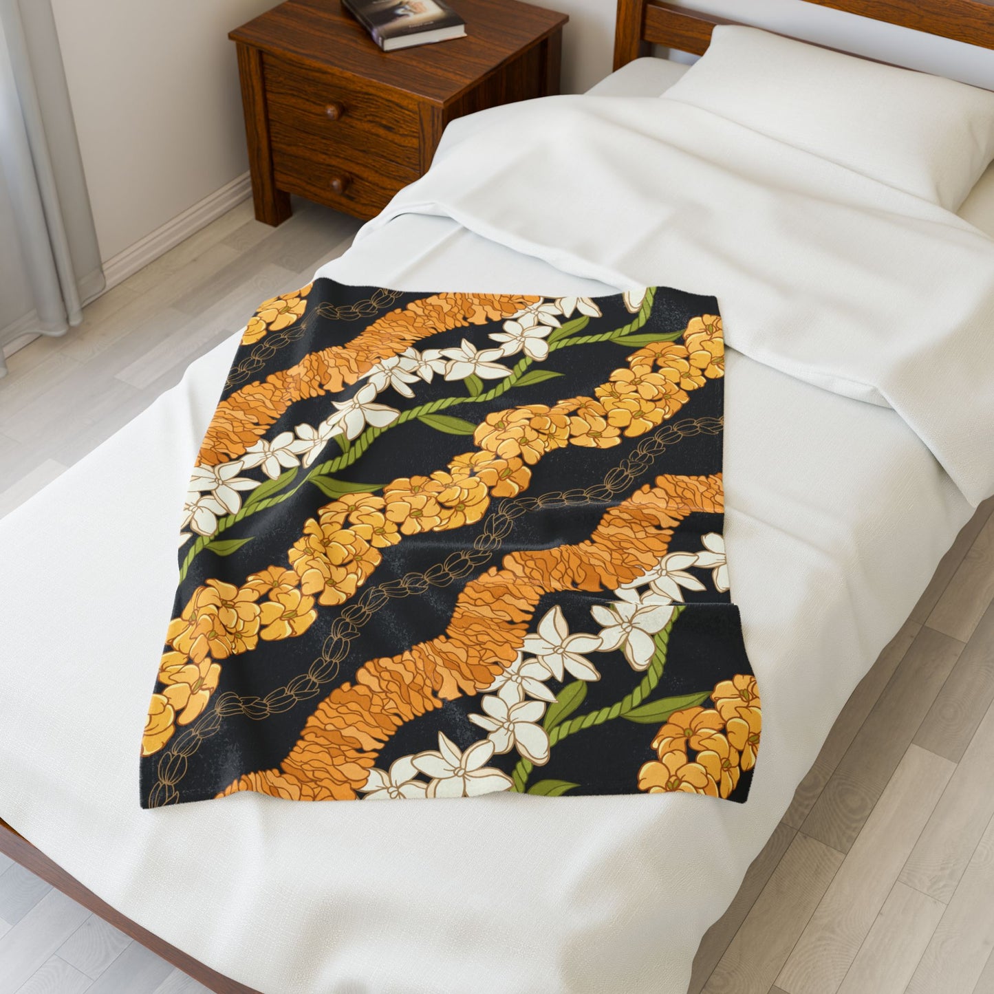 Hawaiian Puakenikeni Pikake Maile Ilima Flower Blanket - Velveteen Plush, Aloha Throw, Soft Flower Blanket, Aloha Collection Blanket