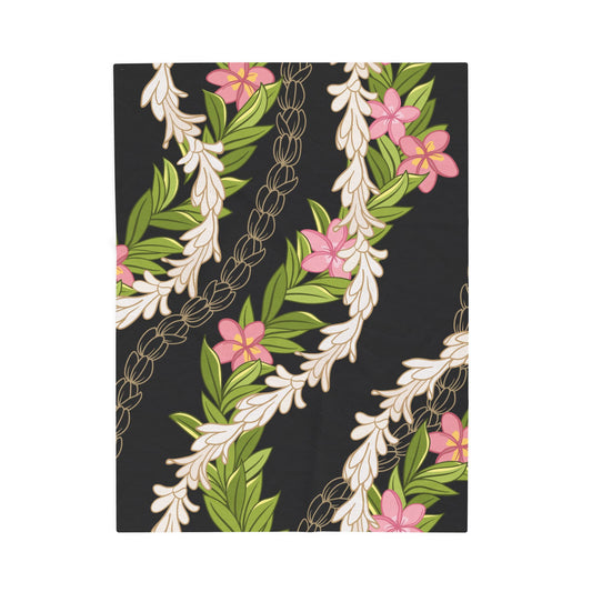 Hawaiian Maile Pikake Plumeria Lei Floral Blanket - Velveteen Plush, Aloha Throw, Soft Flower Blanket, Aloha Collection Blanket
