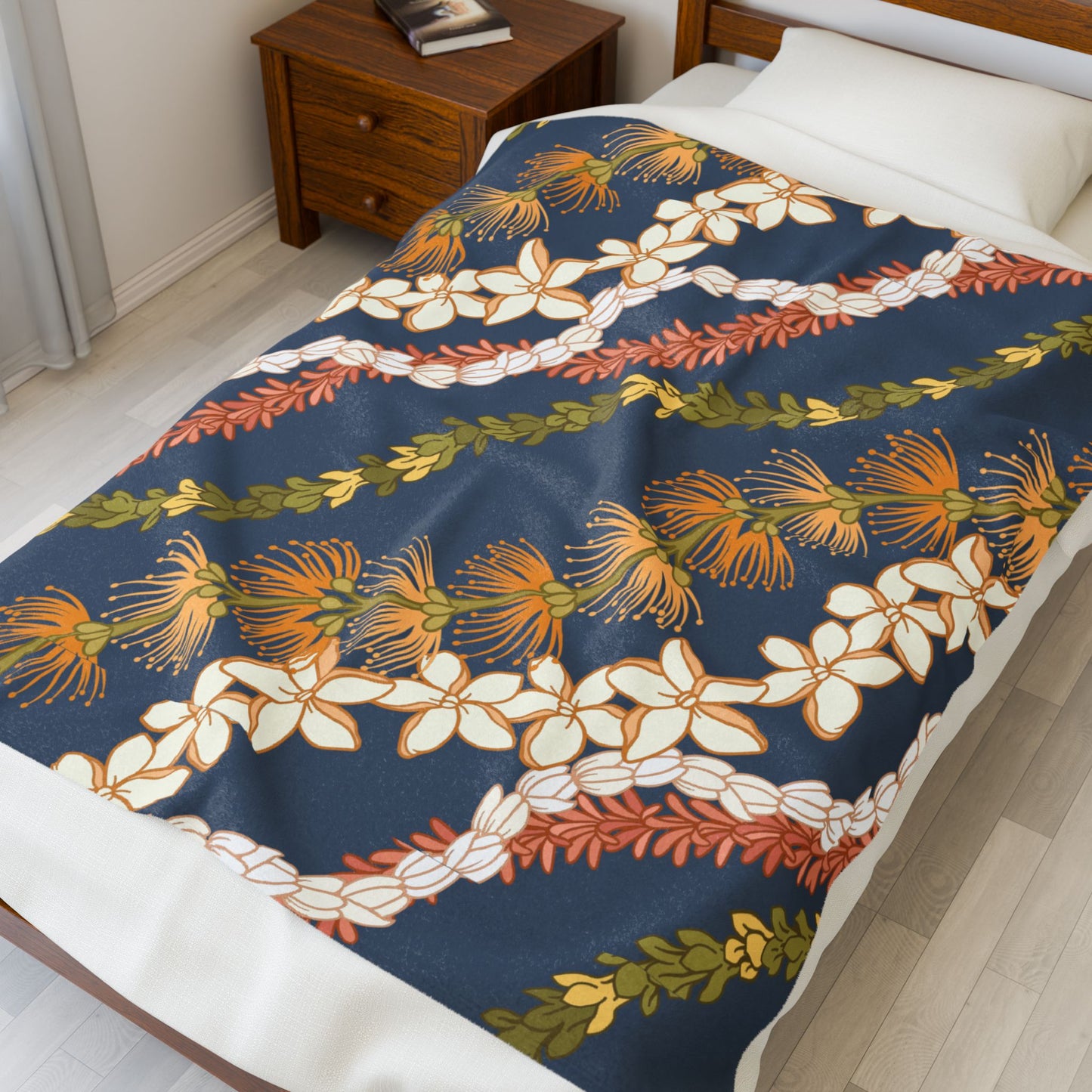 Blue Grey Ohia Lehua Pikake Pakalani Lei Hawaiian Blanket , Velveteen Plush Blanket