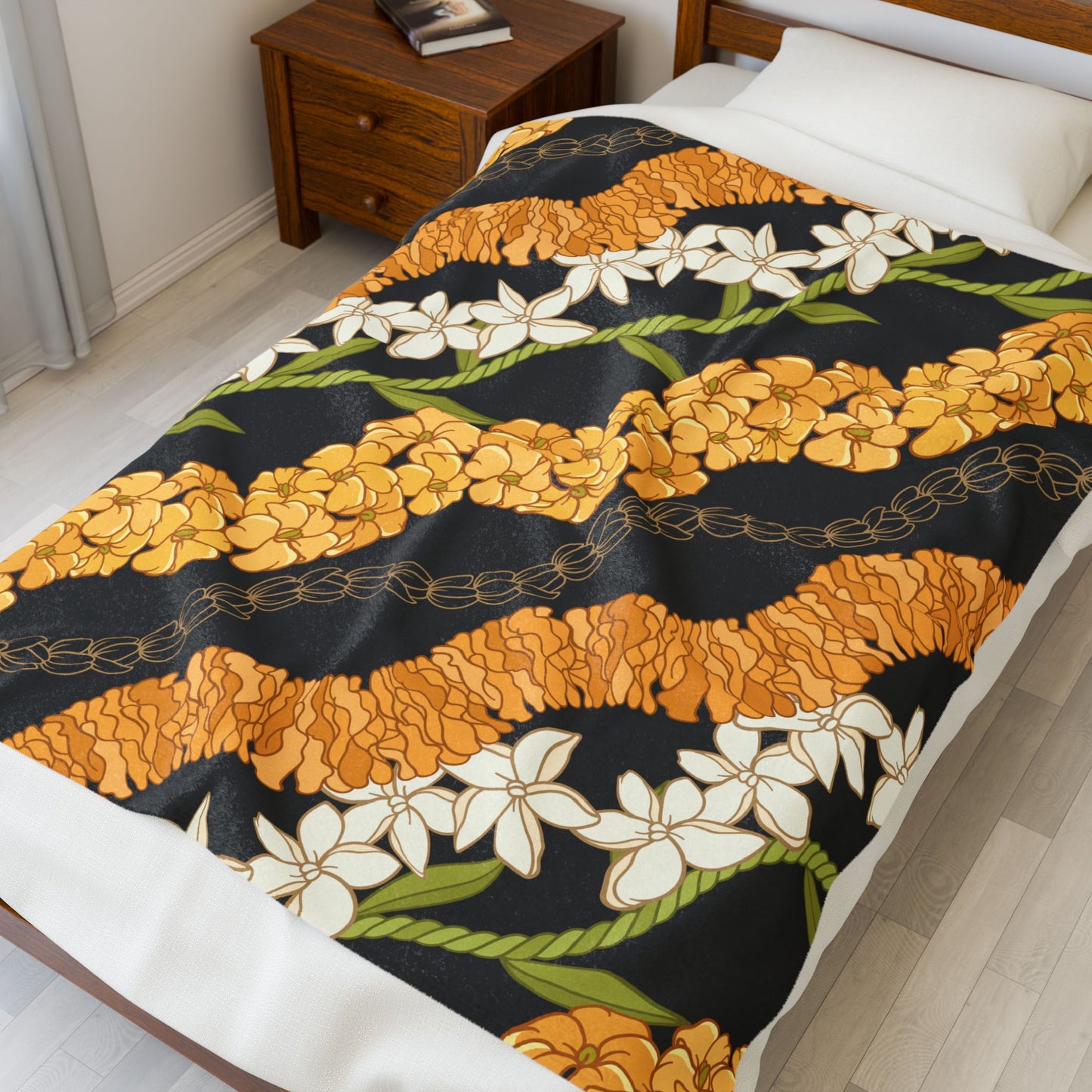 Hawaiian Puakenikeni Pikake Maile Ilima Flower Blanket - Velveteen Plush, Aloha Throw, Soft Flower Blanket, Aloha Collection Blanket