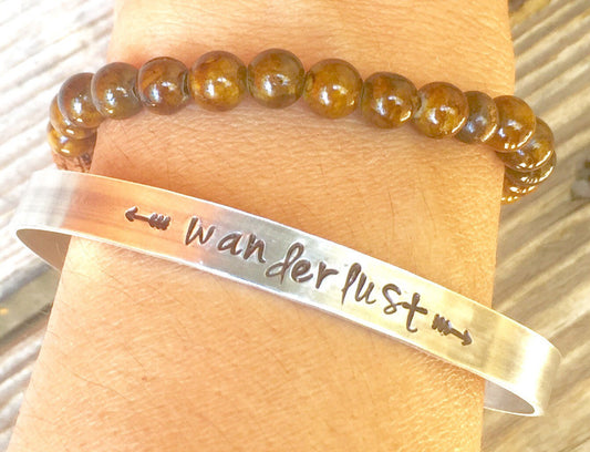 Wanderlust Cuff, Inspirational Jewelry, Personalized Skinny Bracelet, Hand Stamped Message Bracelet, Skinny Cuffs, natashaaloha - Natashaaloha, jewelry, bracelets, necklace, keychains, fishing lures, gifts for men, charms, personalized,