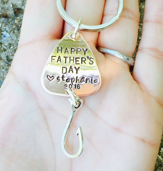 Happy Father's Day, Fishing Lure Keychain, For Him, Boyfriend Gift, Personalized Fishing Lure, Hand Stamped Fishing Lure,natashaaloha - Natashaaloha, jewelry, bracelets, necklace, keychains, fishing lures, gifts for men, charms, personalized, 