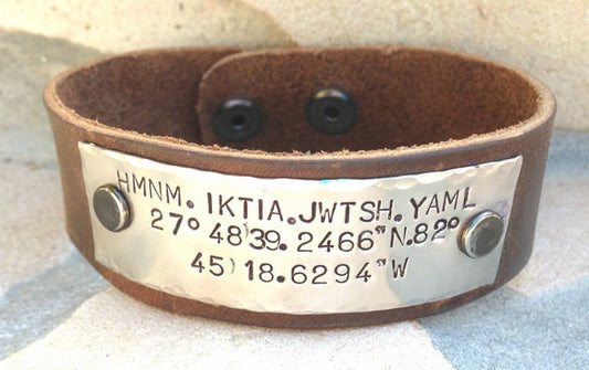 Husband Gift, Boyfriend Gift, Mens Bracelet, Personalized Mens Cuff, Leather bracelet, Coordinance location, Hand Stamped - Natashaaloha, jewelry, bracelets, necklace, keychains, fishing lures, gifts for men, charms, personalized,