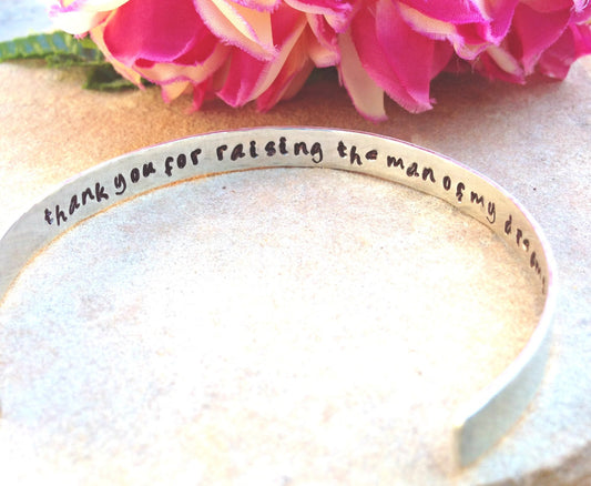 thank you for raising the man of my dreams, mother of the groom, sterling silver bracelet, secret message bracelet, cuff, personalized gift - Natashaaloha, jewelry, bracelets, necklace, keychains, fishing lures, gifts for men, charms, personalized, 