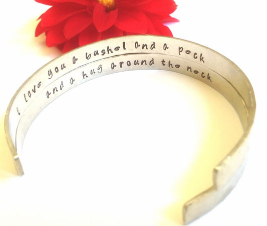 cuff, bracelet, personalized bracelets, i love you a bushel and a peck and a hug around the neck, mother daughter bracelet, quote bracelet - Natashaaloha, jewelry, bracelets, necklace, keychains, fishing lures, gifts for men, charms, personalized,