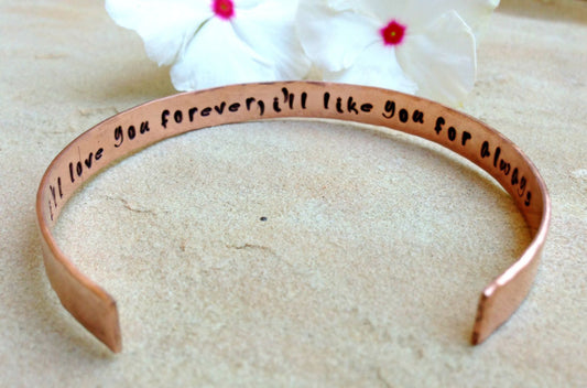I'll Love You Forever I'll Like You For Always, Hand Stamped Cuff, Cuff Bracelet, Mother Daughter Gifts, Cuffs, Mothers Day, natashaaloha - Natashaaloha, jewelry, bracelets, necklace, keychains, fishing lures, gifts for men, charms, personalized,