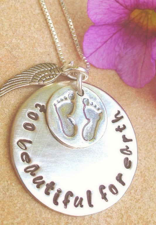 Personalized Necklace, Hand Stamped, too beautiful for earth, baby memorial, memorial necklace, loss of baby, natashaaloha, sympathy gift - Natashaaloha, jewelry, bracelets, necklace, keychains, fishing lures, gifts for men, charms, personalized, 