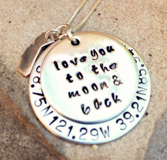 love you to the moon and back, coordinate necklace, personalized necklace, coordinate and state necklace, natashaaloha - Natashaaloha, jewelry, bracelets, necklace, keychains, fishing lures, gifts for men, charms, personalized,