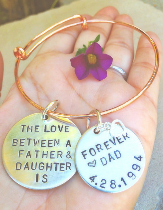 The Love Between A Father And Daughter Bangle Bracelet, Father Daughter Jewelry Gifts - Natashaaloha, jewelry, bracelets, necklace, keychains, fishing lures, gifts for men, charms, personalized,