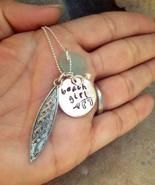 Surfer Girl Necklace, Surf Board Necklace, Sea Glass Necklace, Beach Girl Necklace, Ocean Necklace, Surfer Girl, nataashaloha - Natashaaloha, jewelry, bracelets, necklace, keychains, fishing lures, gifts for men, charms, personalized,