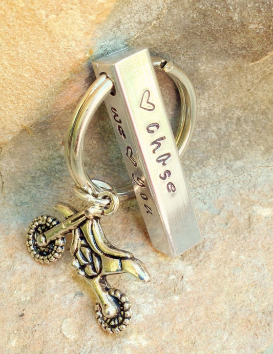 Motocross Keychain, Personalized Bar Keychain, Gifts for Men, Gifts for Dad, Motocross, Keychain, Hand Stamped Keychain - Natashaaloha, jewelry, bracelets, necklace, keychains, fishing lures, gifts for men, charms, personalized,