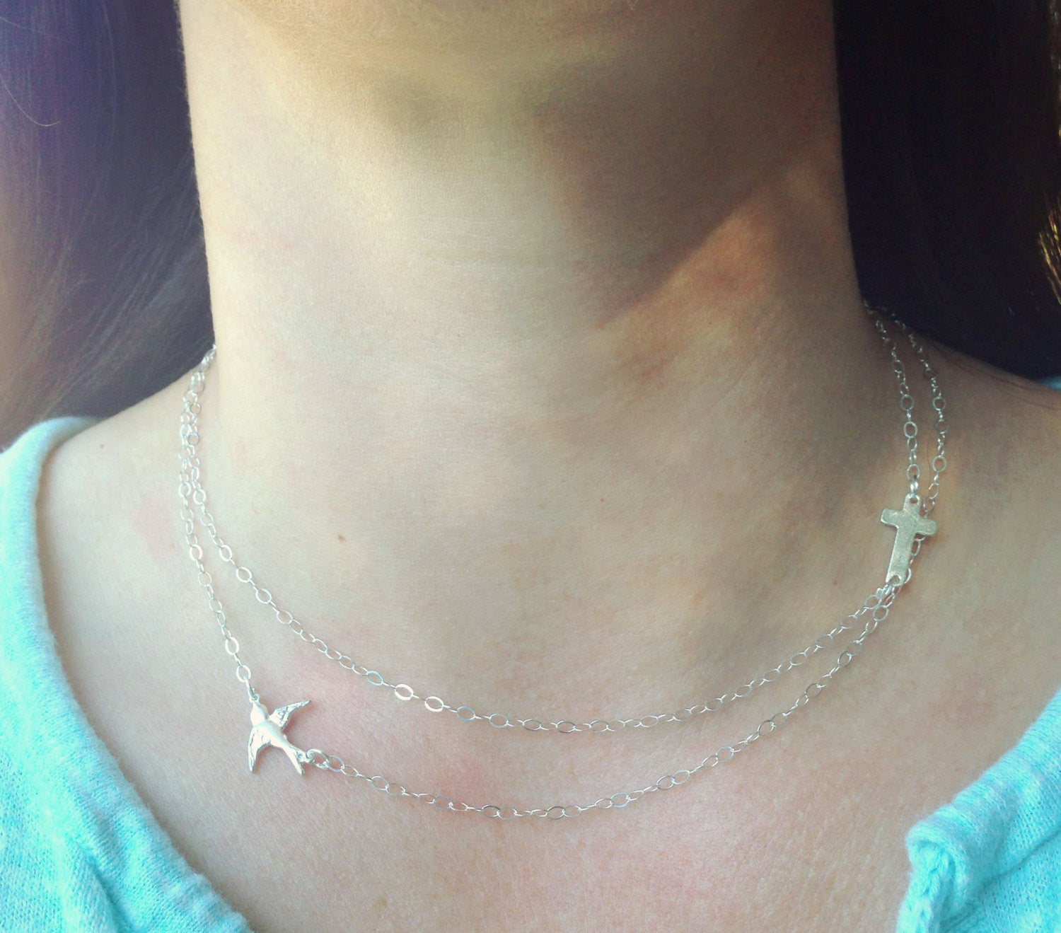 Sideways Cross Necklace, Sideways Swallow Necklace, Sparrow Necklace,Layered Necklace, Cross Necklace, Swallow - Natashaaloha, jewelry, bracelets, necklace, keychains, fishing lures, gifts for men, charms, personalized, 