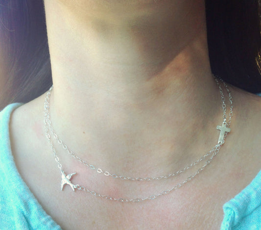 Sideways Cross Necklace, Sideways Swallow Necklace, Sparrow Necklace,Layered Necklace, Cross Necklace, Swallow - Natashaaloha, jewelry, bracelets, necklace, keychains, fishing lures, gifts for men, charms, personalized, 
