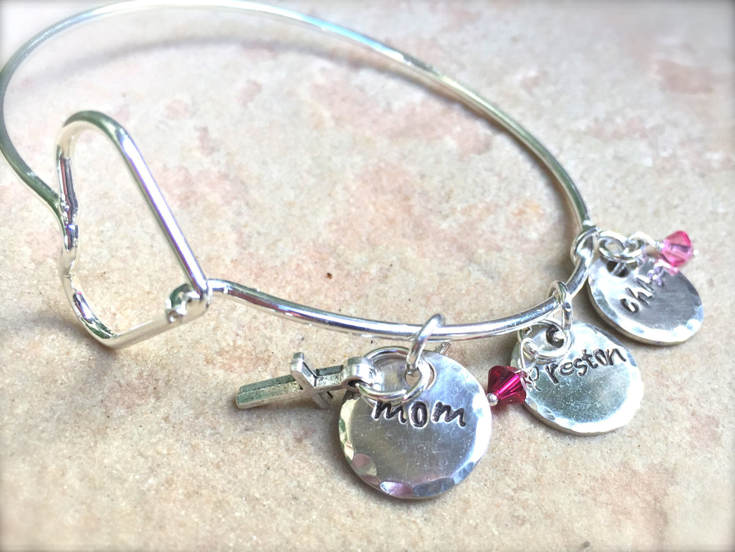 Mom Bracelet, Personalized Bangle Bracelet, Custom Bangle, Personalized Family Bangle, Hand Stamped Custom Bangle, Valentine Gifts - Natashaaloha, jewelry, bracelets, necklace, keychains, fishing lures, gifts for men, charms, personalized, 