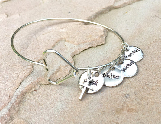 Mom Bracelet, Personalized Bangle Bracelet, Custom Bangle, Personalized Family Bangle, Hand Stamped Custom Bangle, Valentine Gifts - Natashaaloha, jewelry, bracelets, necklace, keychains, fishing lures, gifts for men, charms, personalized, 