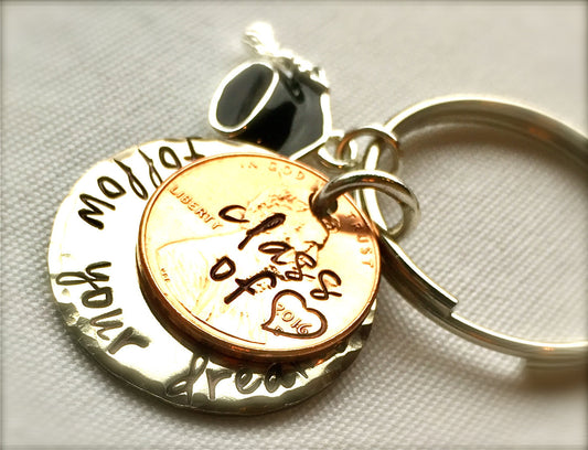 Graduation Gifts, Personalized Penny Keychain, Grad Gifts, Penny Keychains, Gradaution 2016, Follow Your Dreams, Do What You Love - Natashaaloha, jewelry, bracelets, necklace, keychains, fishing lures, gifts for men, charms, personalized,