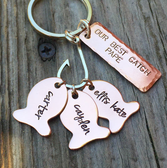 Fishing Keychain, Our Best Pape, Fishing Gifts, Personalized Fishing Keychain, Our Best Catch Dad, natashaaloha - Natashaaloha, jewelry, bracelets, necklace, keychains, fishing lures, gifts for men, charms, personalized,